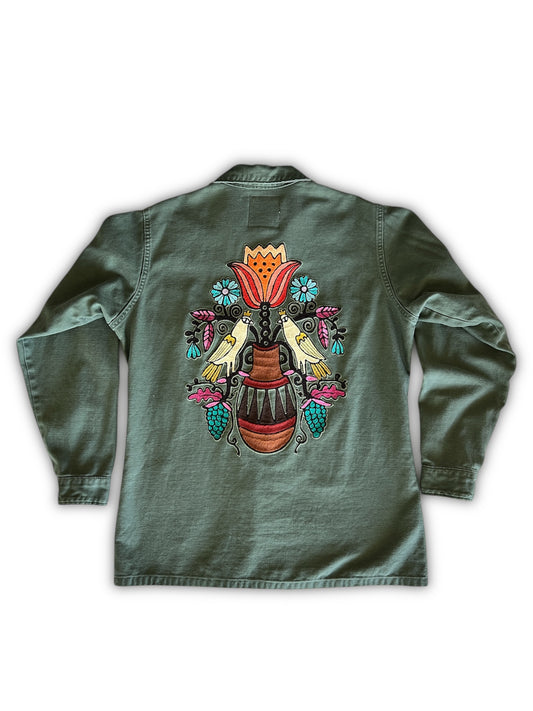 Vintage Military Shirt - Folk Flower Birds