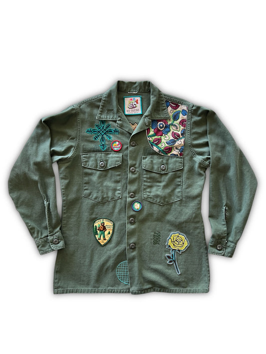 Vintage Military Shirt - Folk Flower Birds
