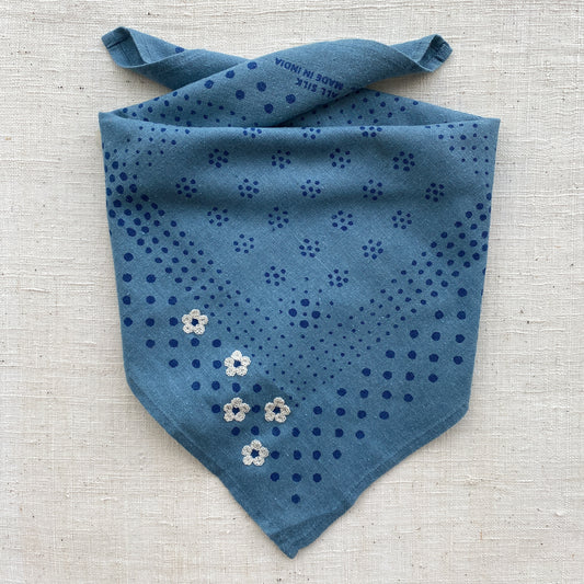 Embroidered Indigo Dot Bandana-Silk