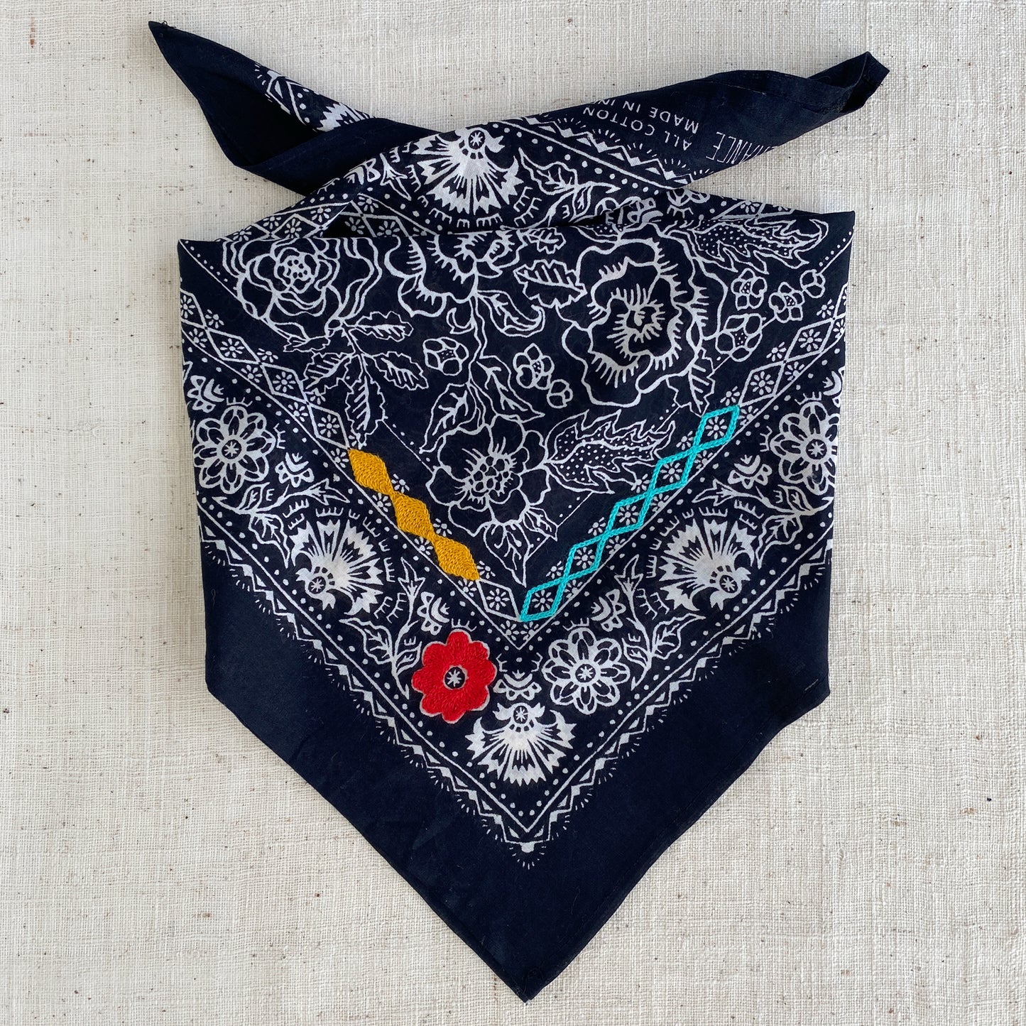 Embroidered Black Rose Bandana-Cotton