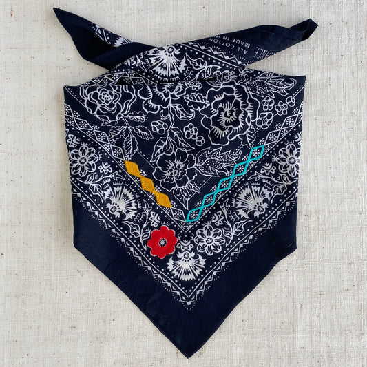 Embroidered Black Rose Bandana-Cotton