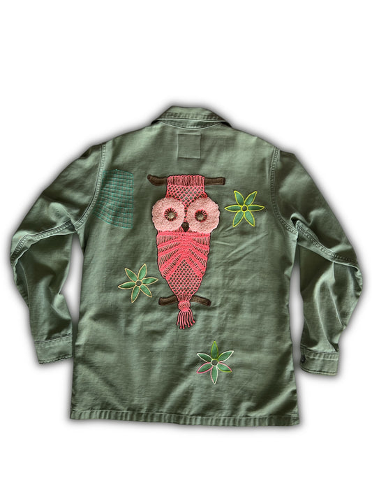 Vintage Military Shirt - Pink Macrame Owl