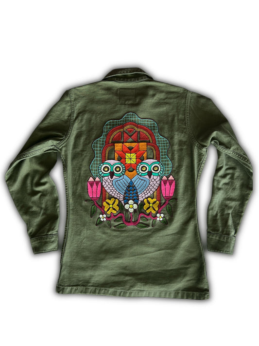 Vintage Military Shirt - Blue Heart Owls