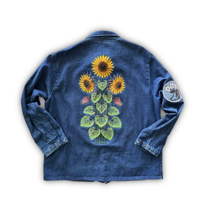 Vintage Denim Chore Coat - Sunflowers
