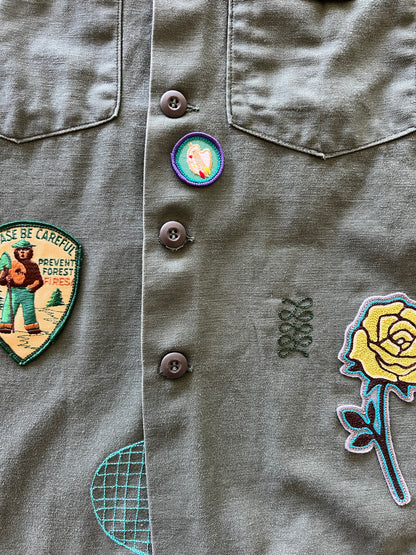 Vintage Military Shirt - Folk Flower Birds