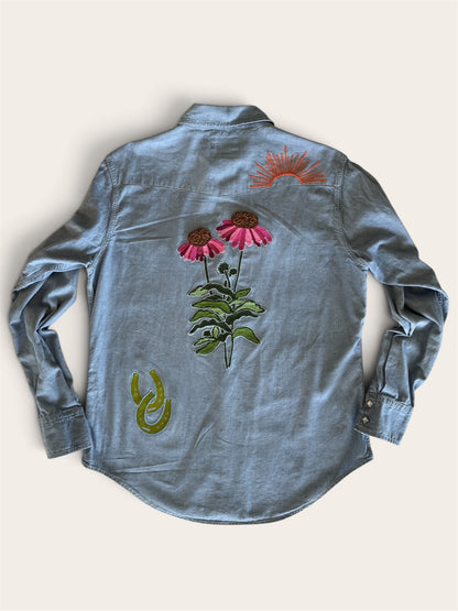 Vintage Denim Pearl Snap Shirt - Coneflower Collage 3