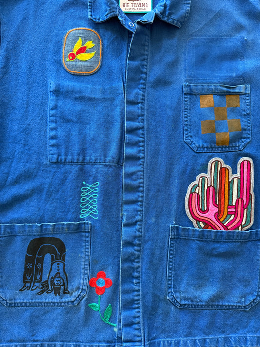 Semi- Custom Vintage Embroidered French Chore Coat - Bird Cactus
