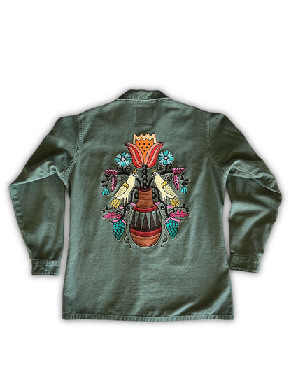 Vintage Military Shirt - Folk Flower Birds