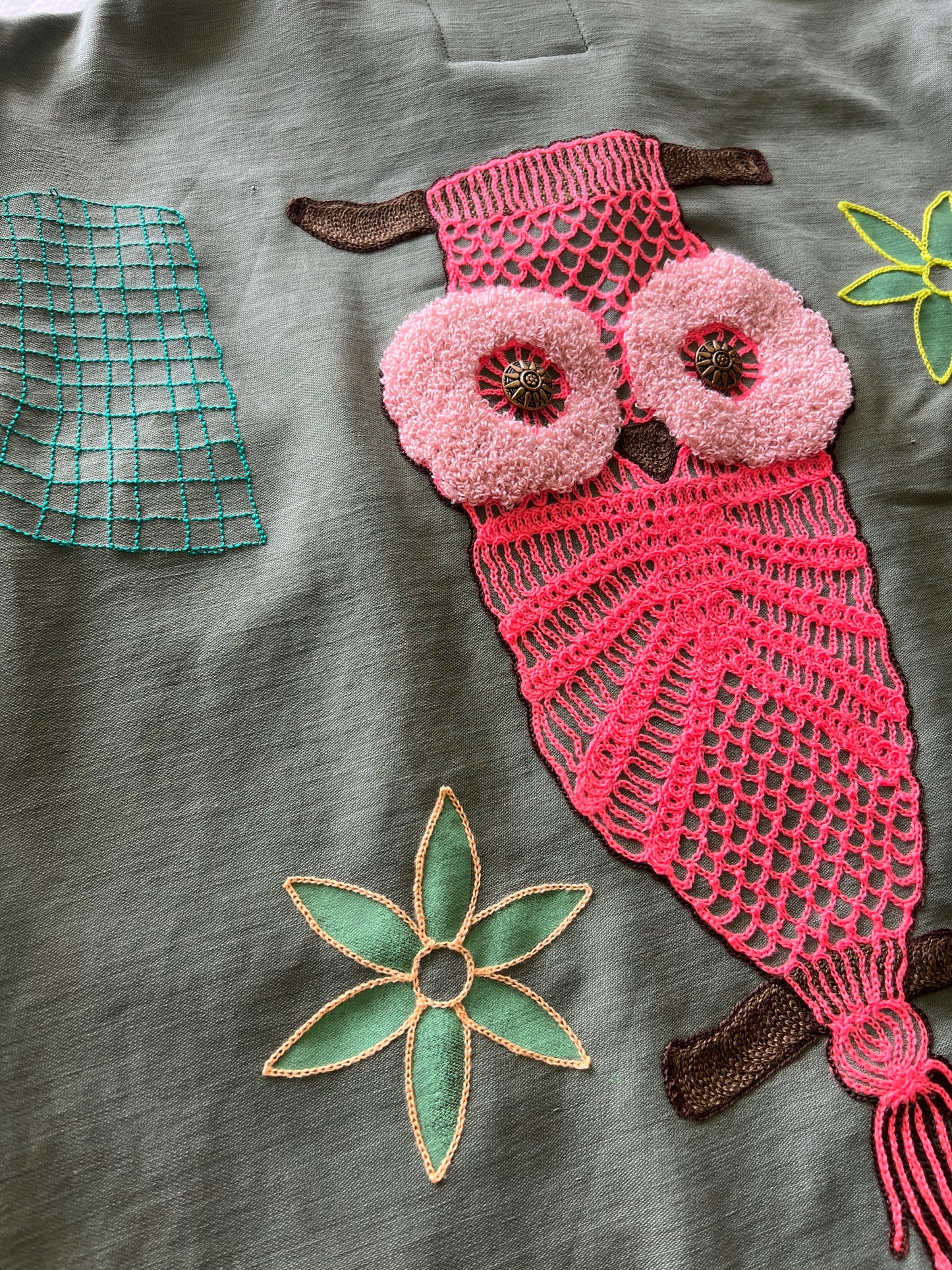 Vintage Military Shirt - Pink Macrame Owl