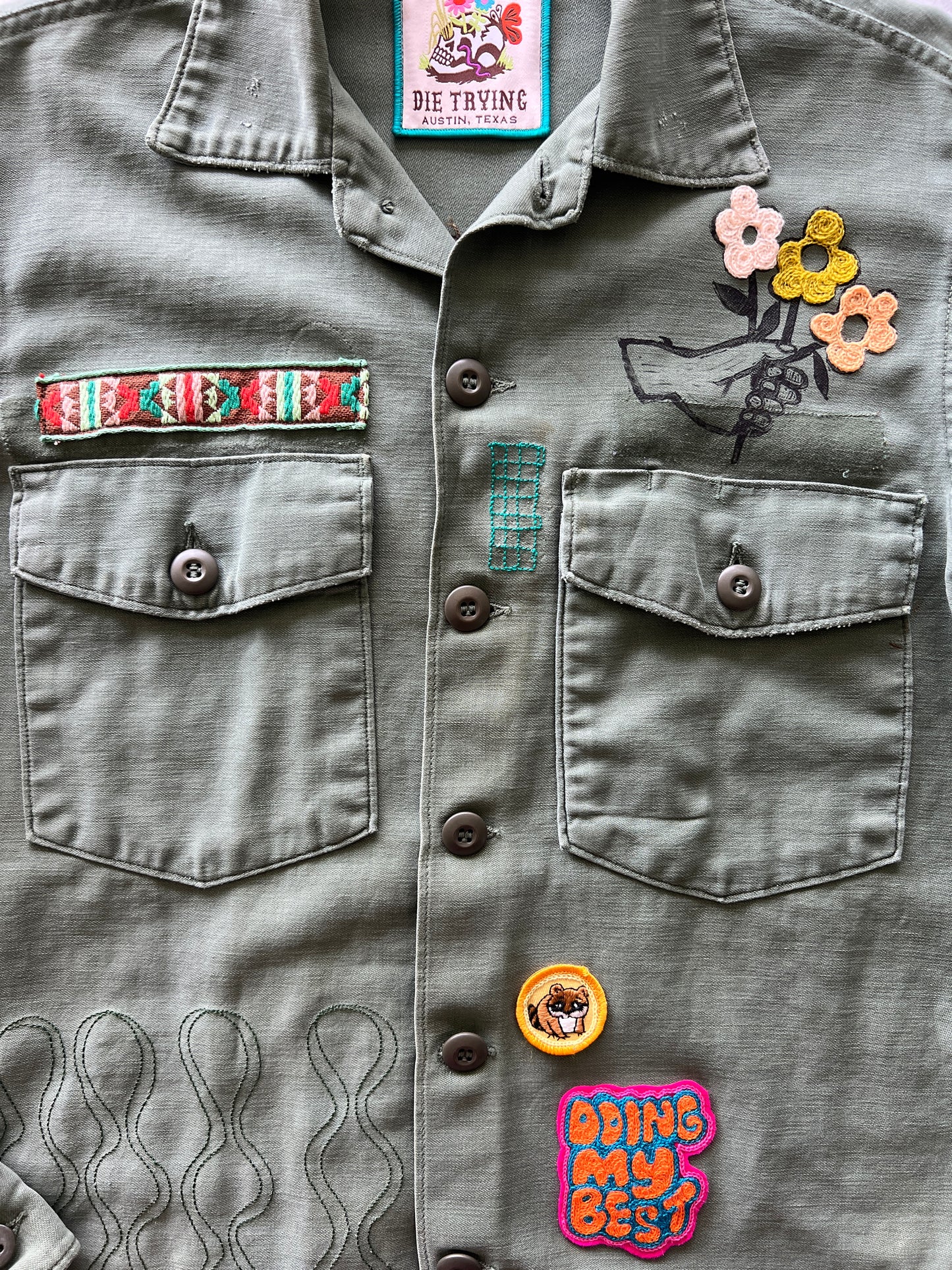 Vintage Military Shirt - Pink Macrame Owl