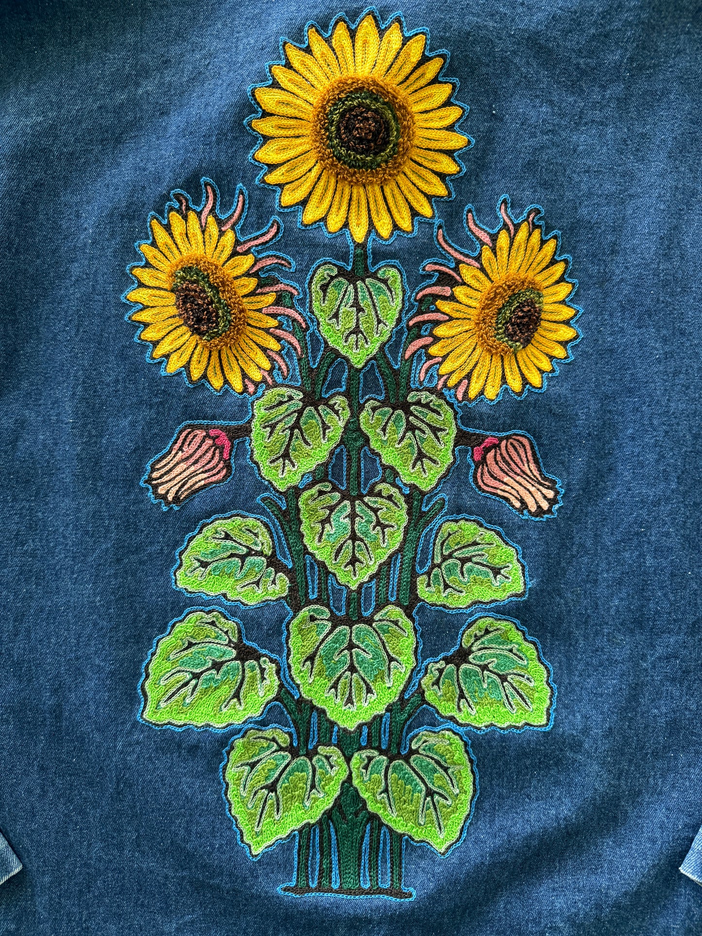 Vintage Denim Chore Coat - Sunflowers