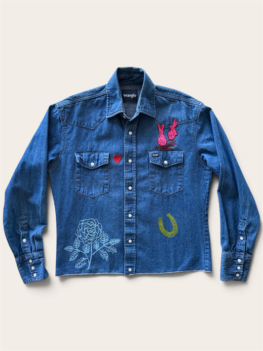 Vintage Denim Pearl Snap Shirt - Coneflower Collage 4