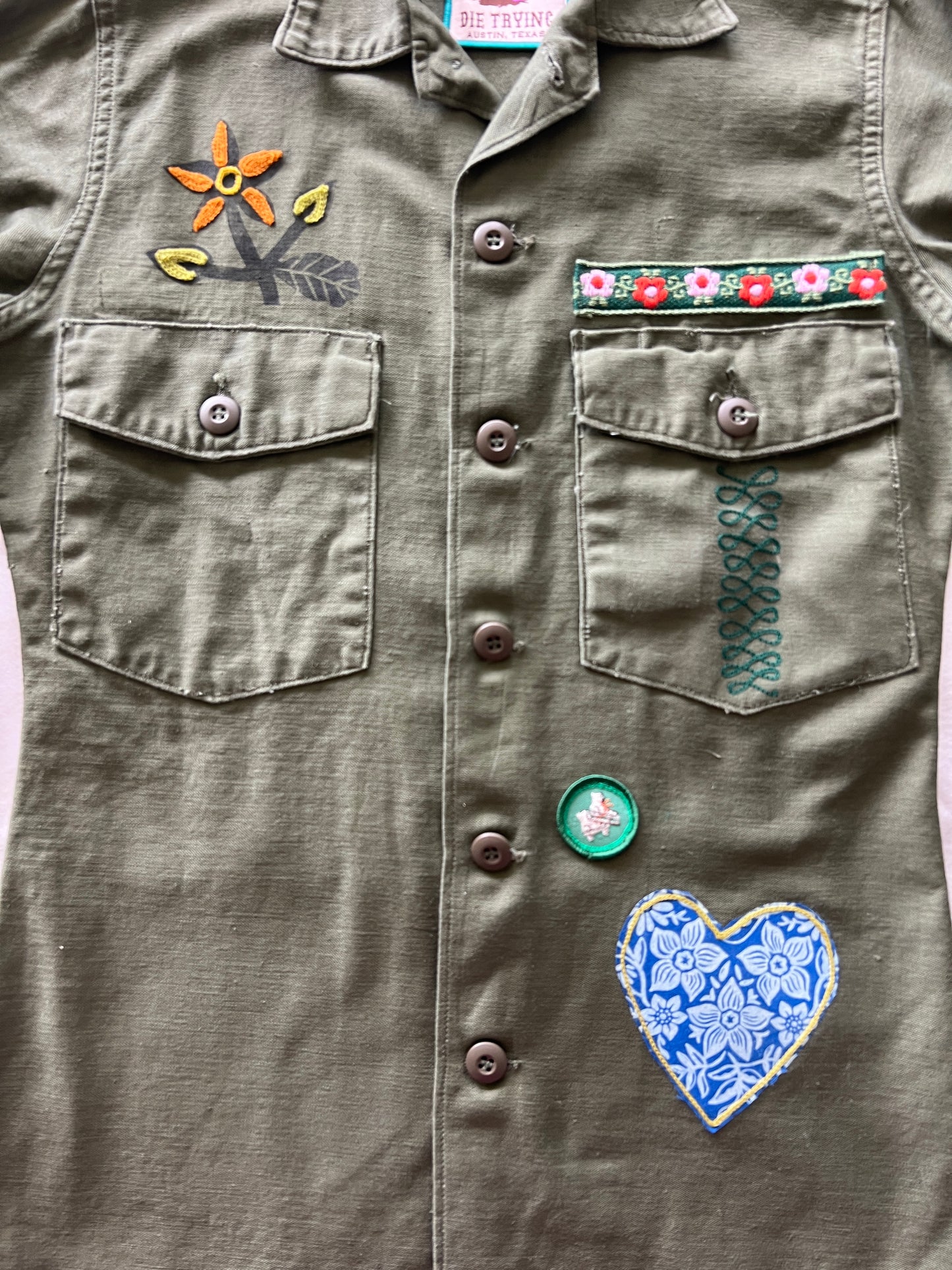 Vintage Military Shirt - Blue Heart Owls