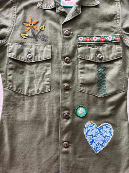 Vintage Military Shirt - Blue Heart Owls