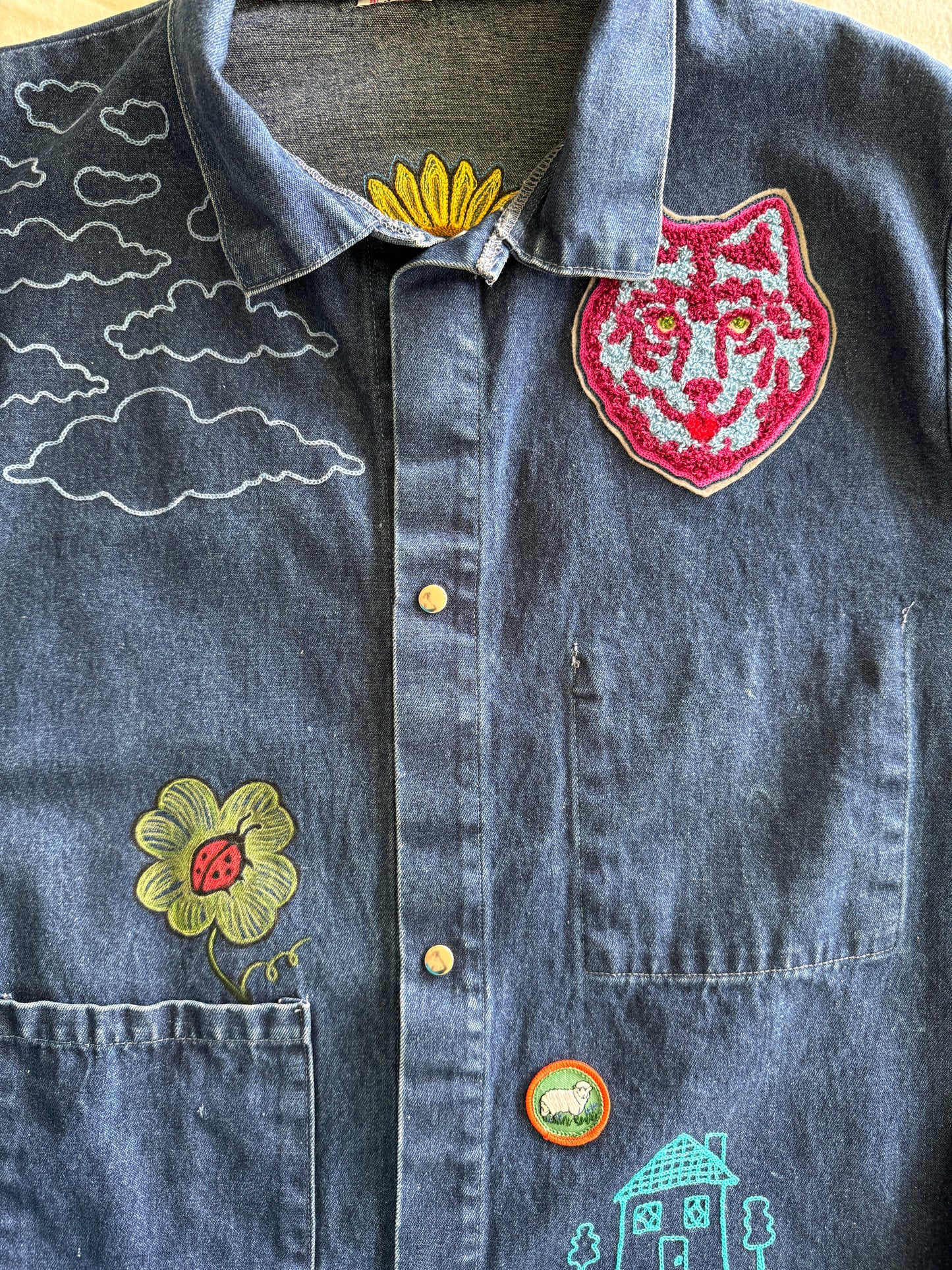 Vintage Denim Chore Coat - Sunflowers