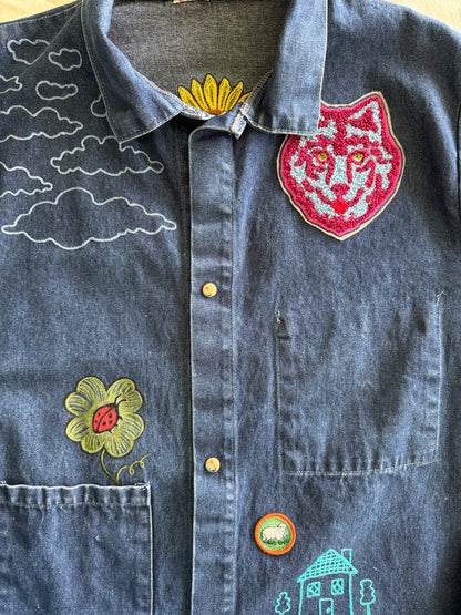 Vintage Denim Chore Coat - Sunflowers