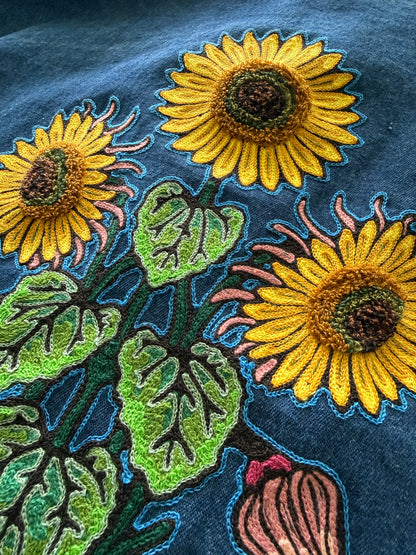 Vintage Denim Chore Coat - Sunflowers