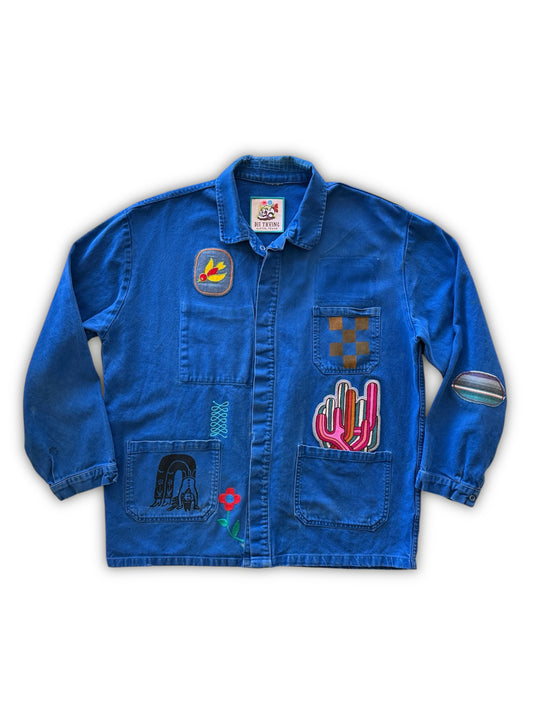 Semi- Custom Vintage Embroidered French Chore Coat - Bird Cactus