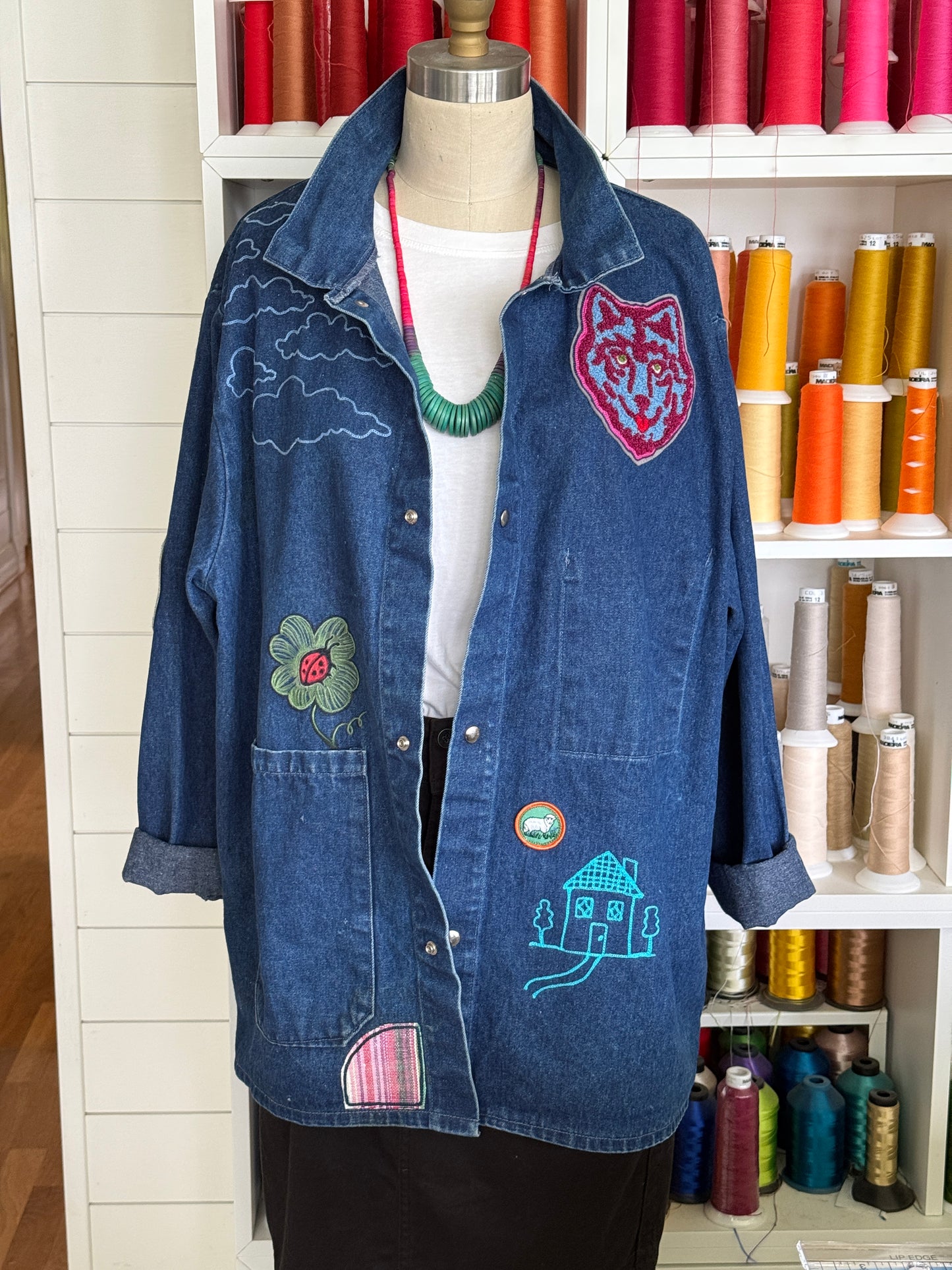 Vintage Denim Chore Coat - Sunflowers