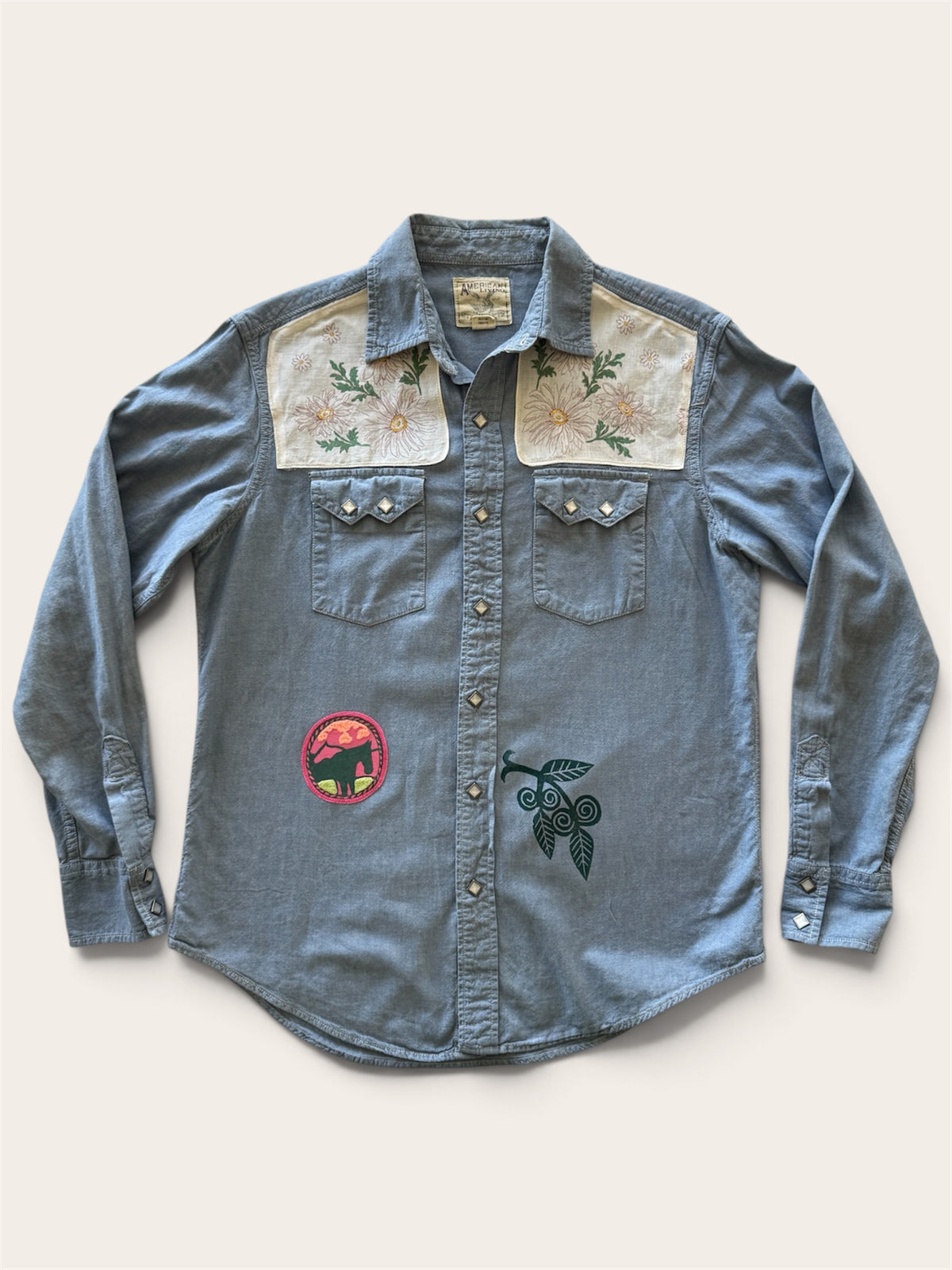 Vintage Denim Pearl Snap Shirt - Coneflower Collage 3