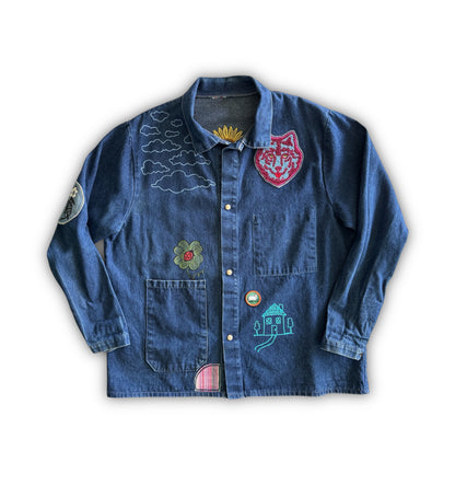 Vintage Denim Chore Coat - Sunflowers