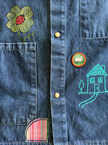 Vintage Denim Chore Coat - Sunflowers