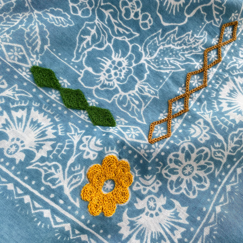 Embroidered Blue Rosey Bandana-Cotton