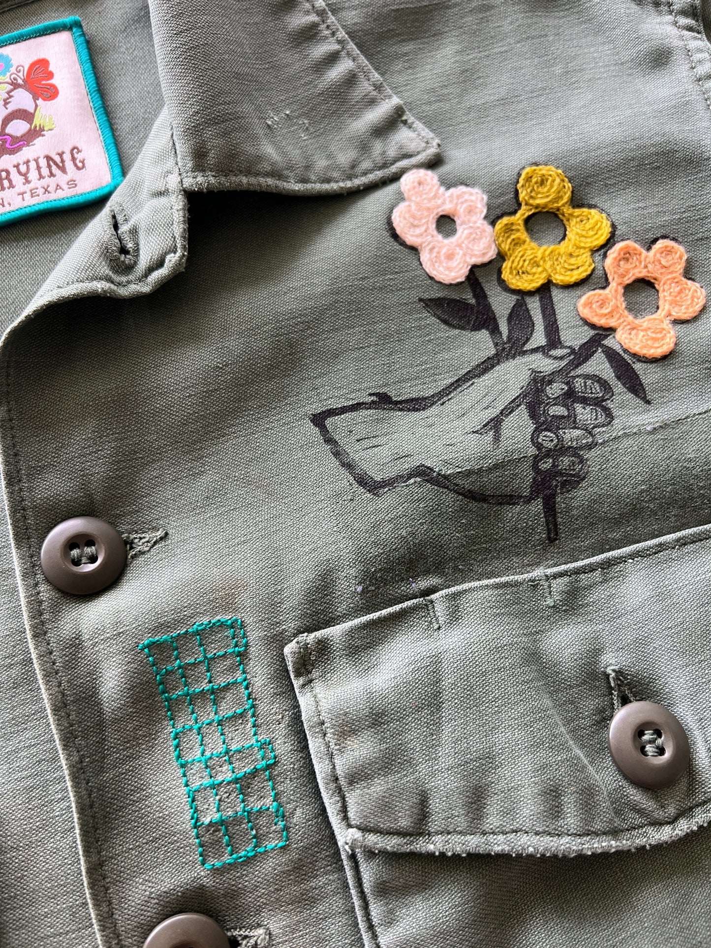 Vintage Military Shirt - Pink Macrame Owl
