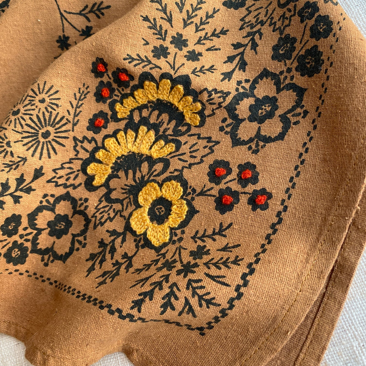 Embroidered Ochre Field Bandana-Silk