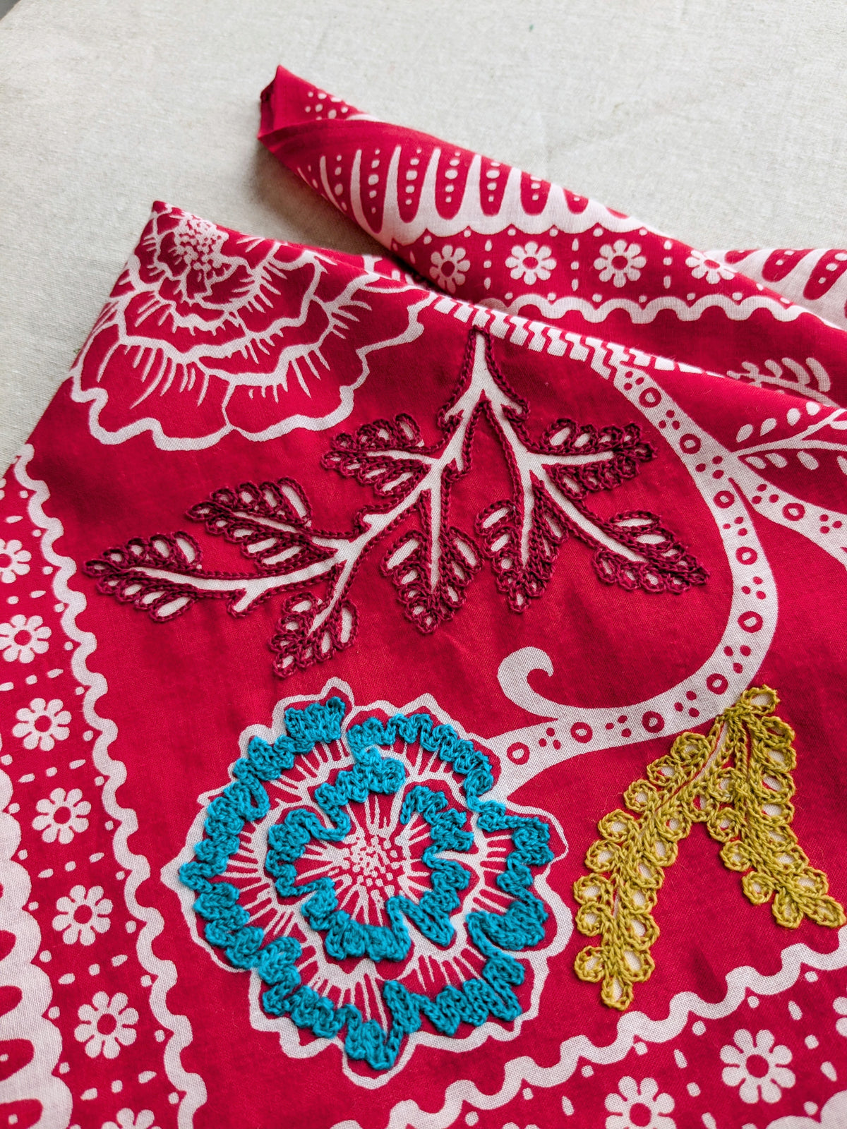 Embroidered Red Ramble Bandana-Cotton