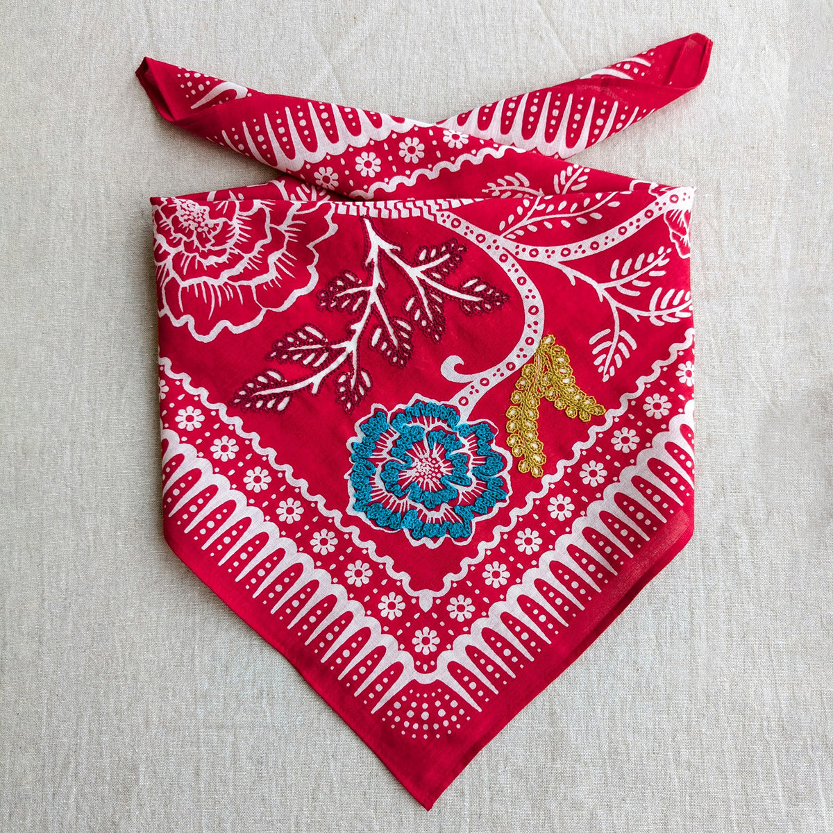 Embroidered Red Ramble Bandana-Cotton