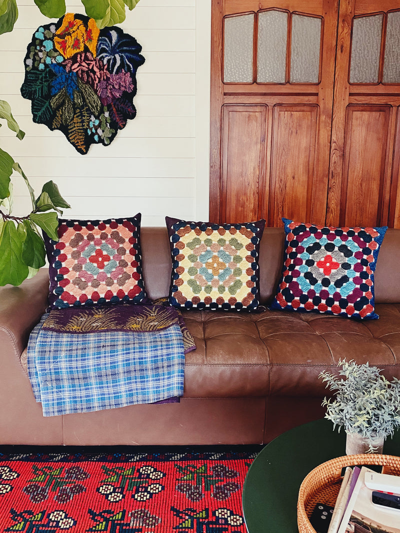 Granny Square Pillow - Sage & Rust